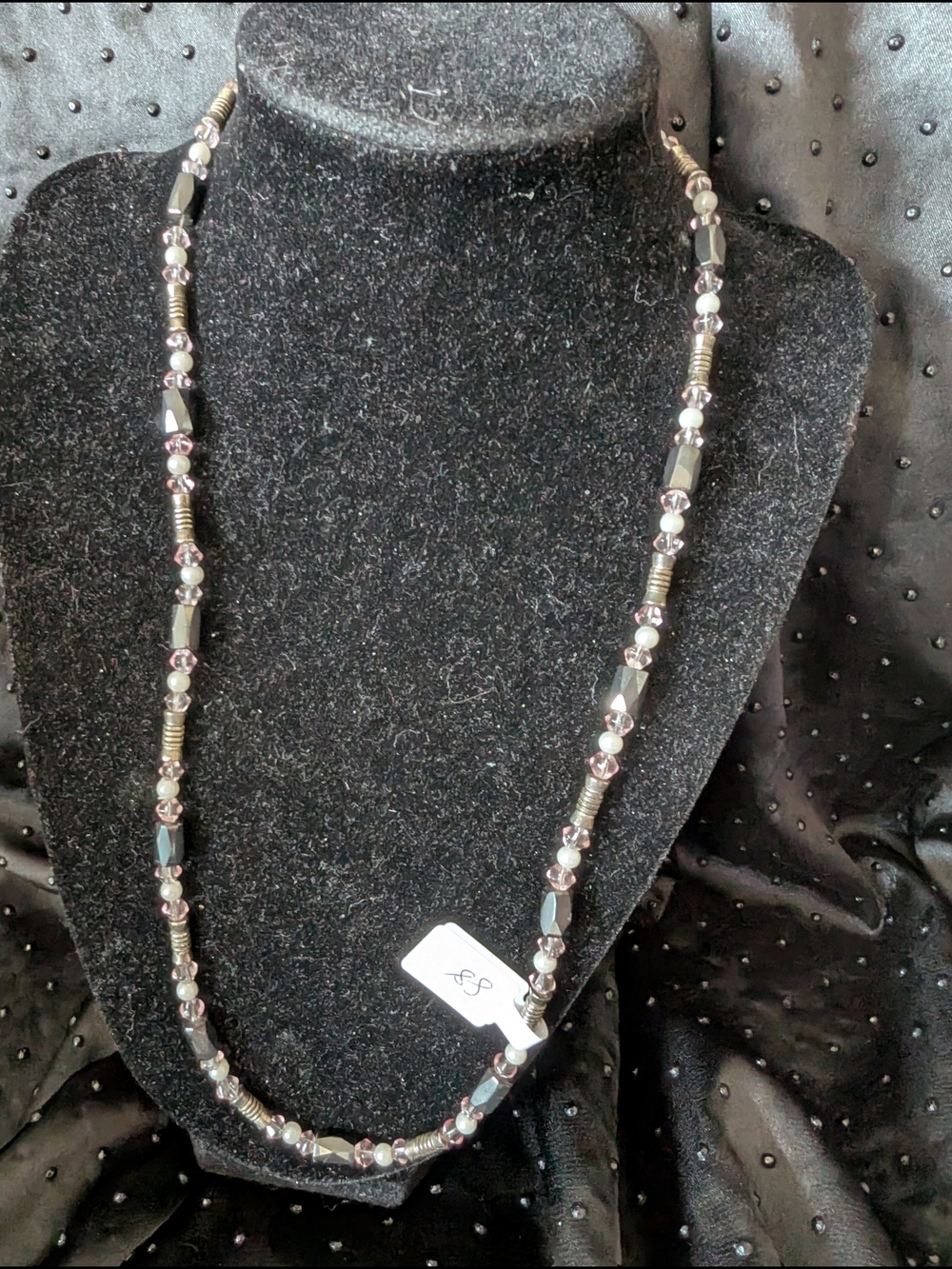 Elegant Vintage Faceted Hematite and Silver Beaded Women's Necklace #88